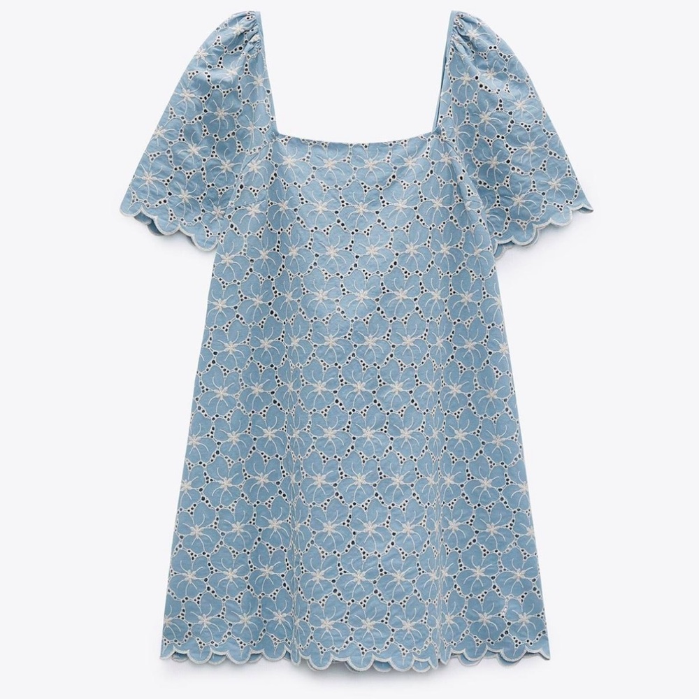 ZARA LIGHT BLUE FLORAL CUTWORK EMBROIDERY PRINT COTTON MINI DRESS - Picture 2 of 11